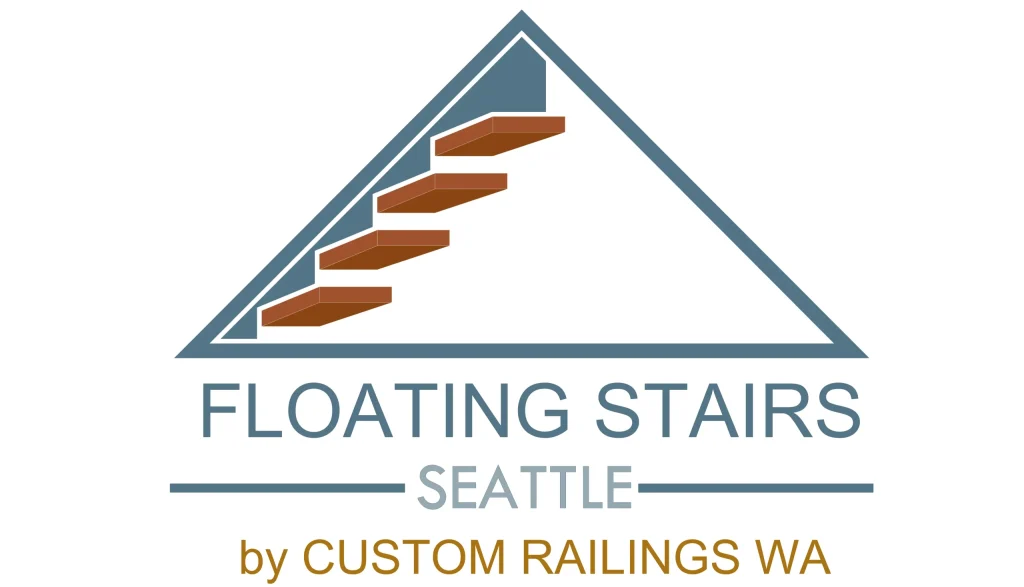 Floating Stairs Seattle logo featuring a triangular stair design with wood floating treads and blue railing outline.