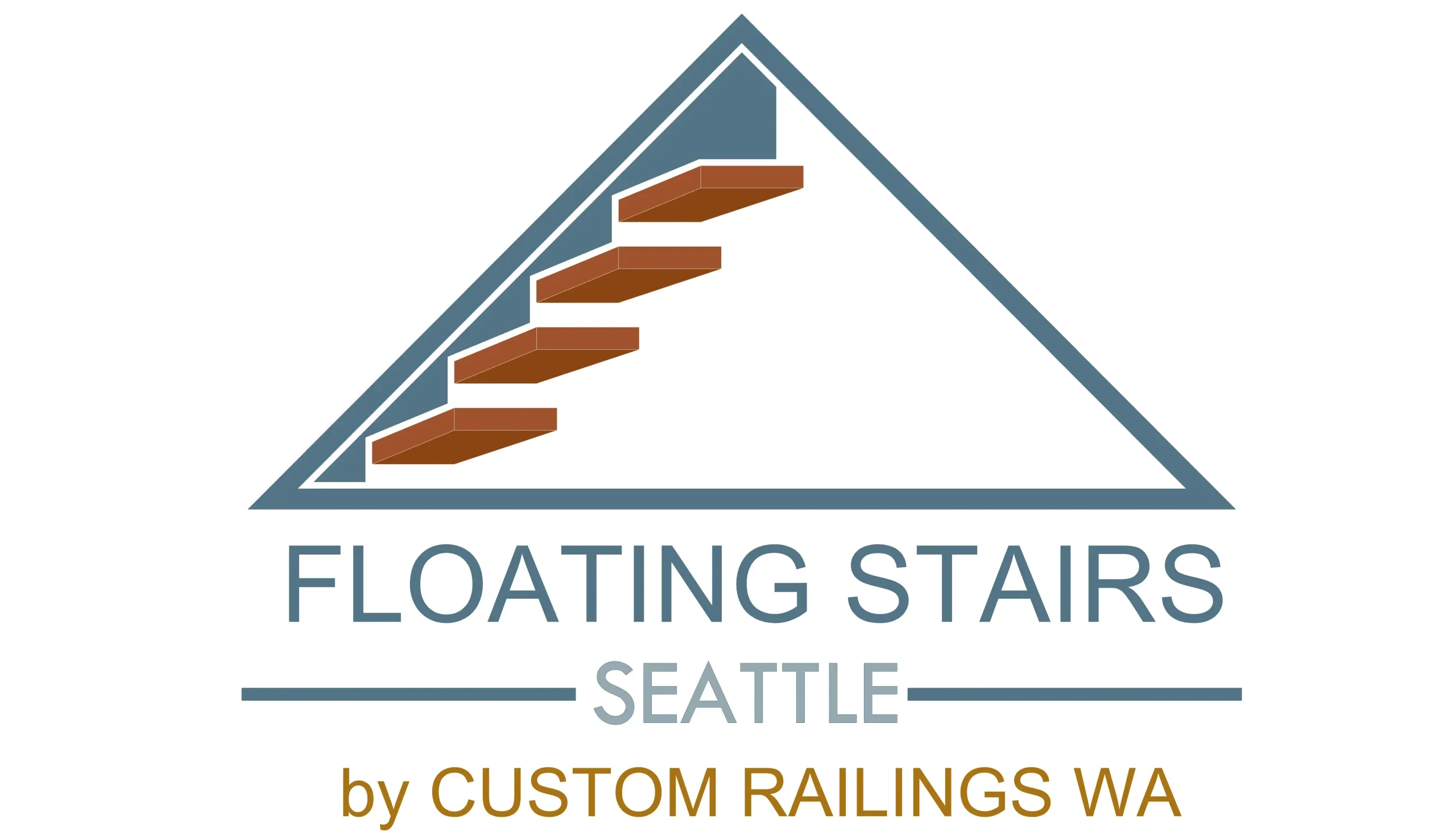 Floating Stairs Seattle logo featuring a triangular stair design with wood floating treads and blue railing outline.