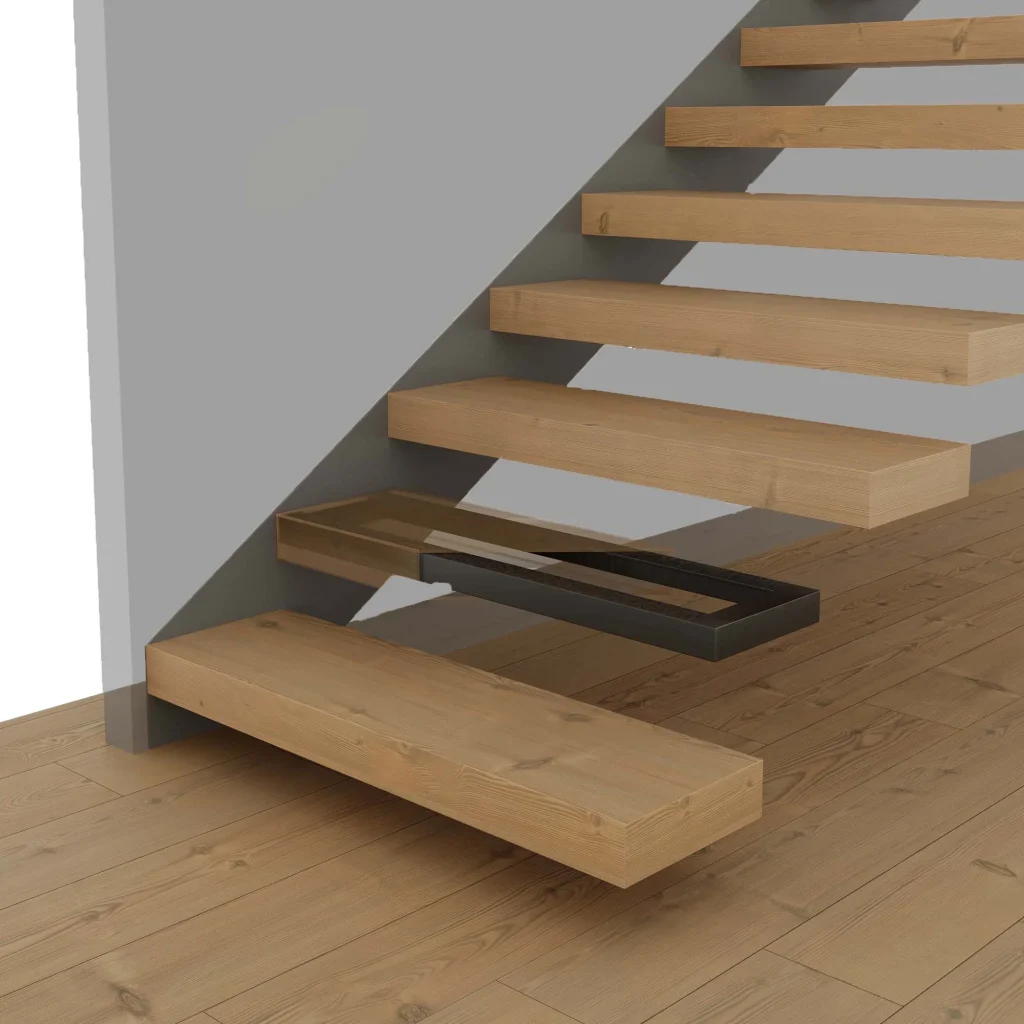 Cantilever floating stairs illustration showing wood treads anchored into a wall with a hidden steel bracket