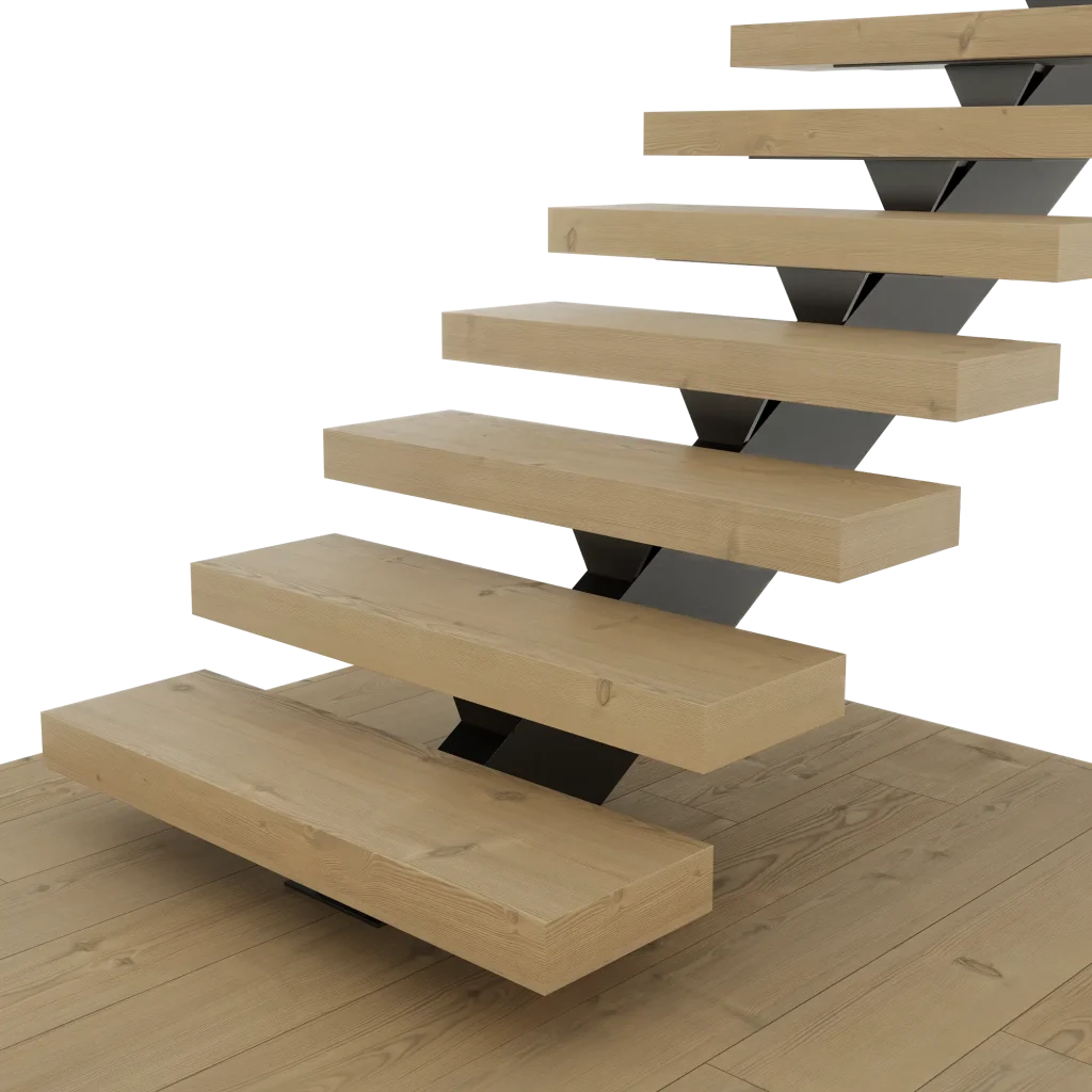 Mono stringer floating stairs illustration showing wood treads supported by a single central steel beam