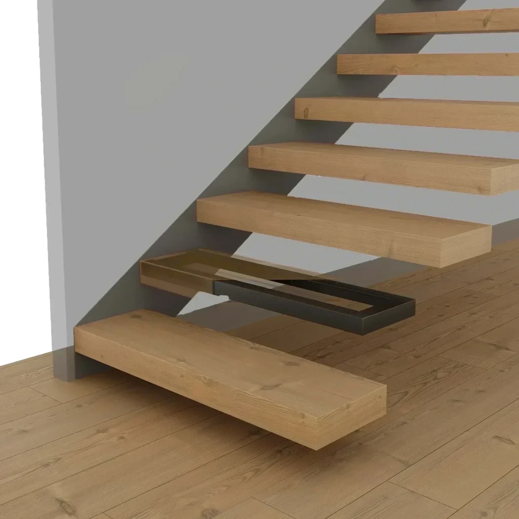 Cantilever floating wood staircase with thick timber treads and concealed metal support in Woodinville, WA