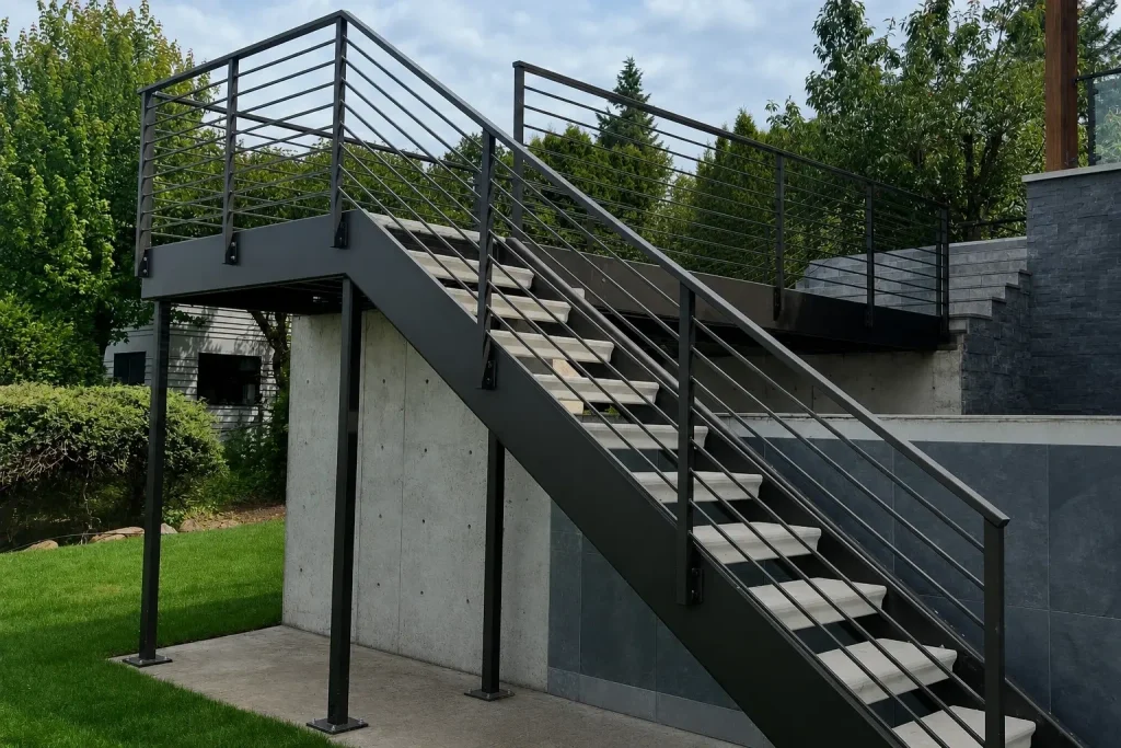 Custom exterior double stringer steel staircase with wood treads and horizontal metal railings in Bothell, WA