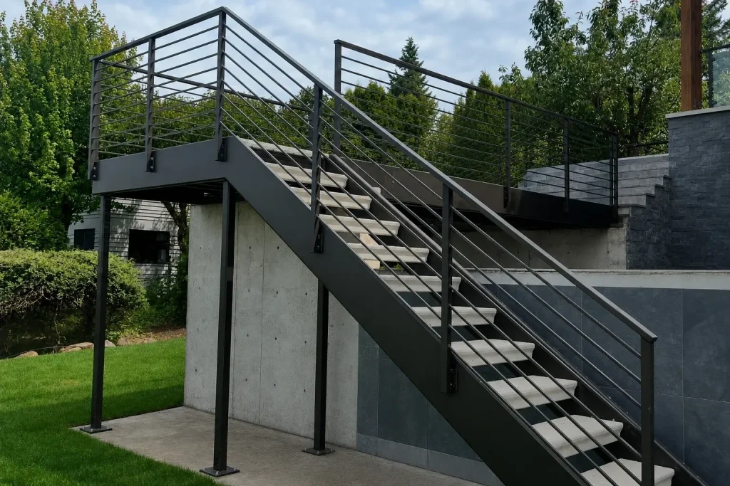 Black exterior double-stringer staircase with horizontal metal railings and a raised landing in Everett, WA