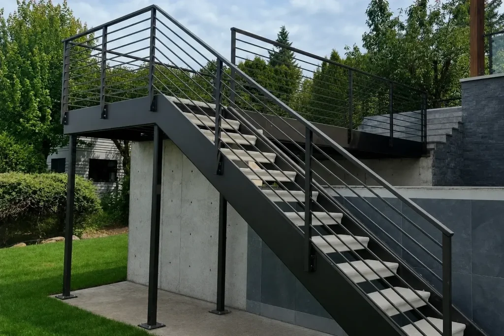 Exterior double-stringer steel staircase with horizontal metal railings in Gig Harbor, WA