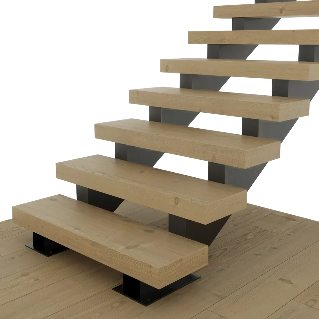 Detailed double-stringer floating stair system with open risers, thick wood treads, and exposed steel supports in Burien, WA.